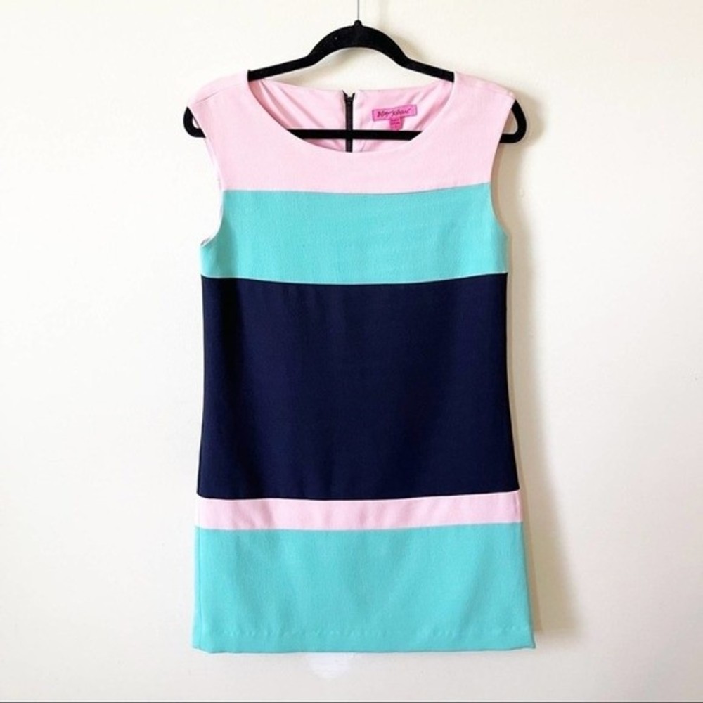 Betsey Johnson Pink Green Navy Color Block Mini Shift Dress Size 2
